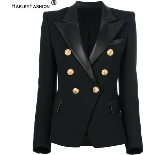 HarleyFashion 2020 Spring Autumn Quality European Design PU Leather Collar Slim Black Blazer OL Formal Classic Fittness Blazers