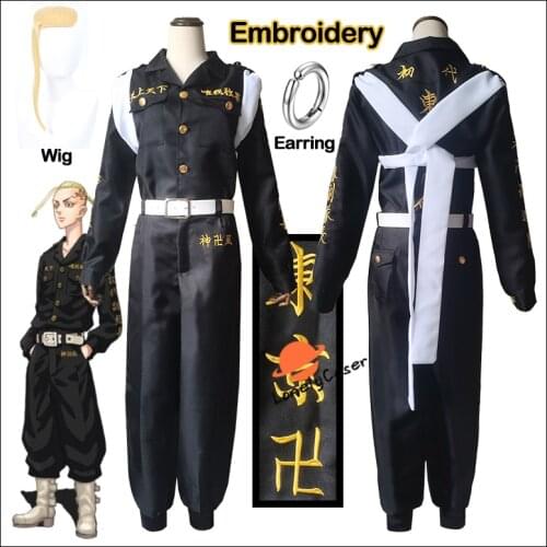 Anime Tokyo Revengers Ken Ryuguji Cosplay Costume Draken Embroidery Black Uniform Wig Belt Tokyo Manji Gang Halloween Party Men