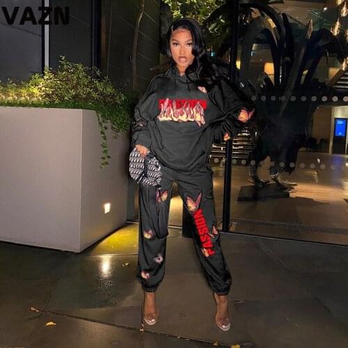 VAZN 2020 Hot High-end Nature Young Tracksuits Daily Regular Hooded Full Sleeve Top Group Long Pants Slim Women 2 Piece Set