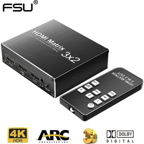 4K HDMI Matrix 60Hz HDR Ultra HD 3X2 ARC Matrix Switcher Switch R/L+ARC 3 In 2 Out with IR Remote HDCP1.4 for TV PS3 PS4 XBOX