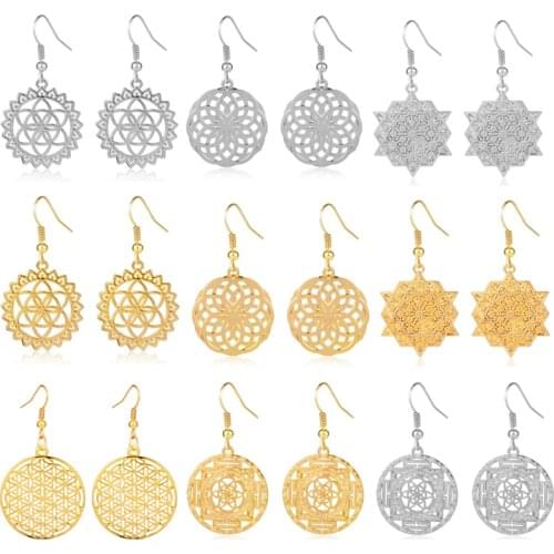 MQCHUN Fashion Gold Color Seed of Life Drop Earring Tribal Earring Flower of Life Gypsy Hoop Ethnic Jewellery Indian Boho