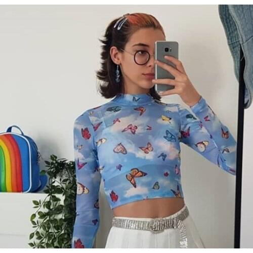 Fashion Sexy Womens See through Lace Mesh Sheer Long Sleeve Uncovered Midriff Crop Top Blouse Tee