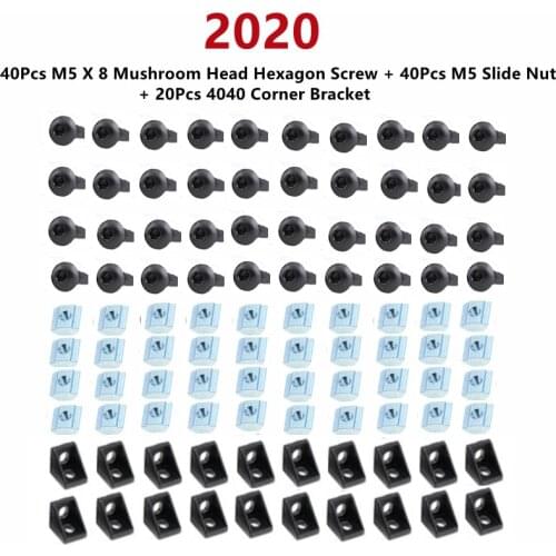 2020 Aluminum Profile Connector Set: 40Pcs M5 X 8 Mushroom Head Hex Screw + 20Pcs 2020 Corner Bracket + 40Pcs M5 Slide Nut