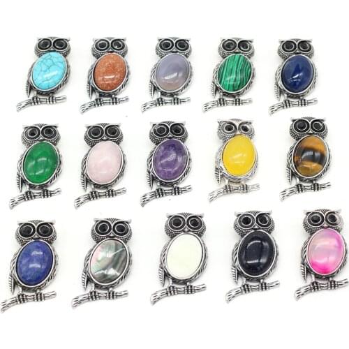 Natural Stone Brooches Owl Shape Alloy Pendant Crystal Agates Stone Pendant Charms for Jewelry Making Necklace Bracelet Earrings