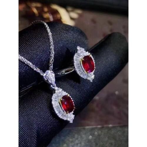 Charming red ruby gemstone ring and necklace jewelry set real925 silver ornament natural gem girl party present birthstone gift