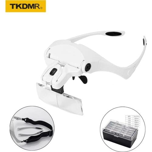 Glasses Magnifier Glass 1.0X 1.5X 2.0X 2.5X 3.5X Adjustable 5 Lens Loupe LED Light Headband Magnifier Glasses With LED Light