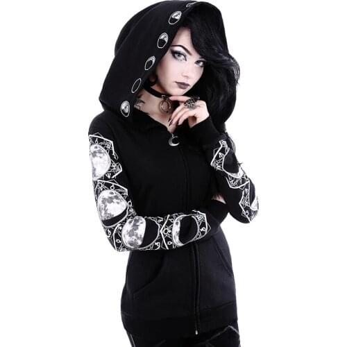 JIEZUOFANG Casual Hooded TopGothic Hoodies Women Casual Tracksuits Sleeve Hooded Sweatshirts Jumper Clothes Black Print Zipper