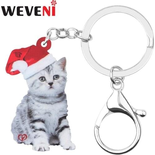 WEVENI Acrylic Christmas Hat Short Hair Cat Kitten Key chains Key Ring Bag Car Wallet Keychains For Women Girls Decoration Gifts
