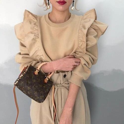 2021Spring Fashion Hoodie All-match Solid Color Ruffled Women New In Tops Korean Casual Pullover Japanese Female Long Sleeve