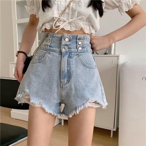 Large size denim shorts womens summer high waist A-line pants 2021 new fat mm retro hole ins tide wide-leg pants