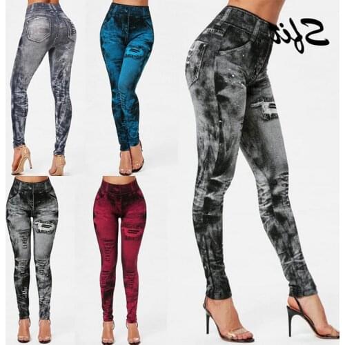 Women Gym Leggings Faux Denim Printing Leggings Casual High Waist Pencil Pants Plus size Yoga Pants Jeans Leggings Pocket
