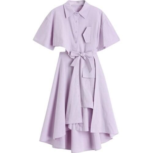 Women Irregular Shirt+Skirts Suits Bowknot Solid Tops Vintage Summer Skirt Sets Elegant Women Two Piece Set Purple Clothing 2021