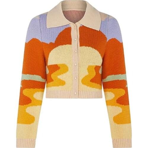 2021NewWomen Autumn Vintage French Style Sunshine Print Short Knitted Sweater Chic Lady Fashion Single Breasted Loose Cardigans