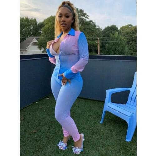 S-XXL Women 's Two-Piece Tracksuit Casual Shirt Sets,Gradient Color Shirt Top+Elastic High Waist Trousers Clothes