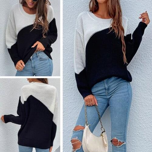 ZJZLL European and American Sweater Womens 2021 Autumn and Winter New Round Neck Contrast Color Stitching Pullover Knitted Top