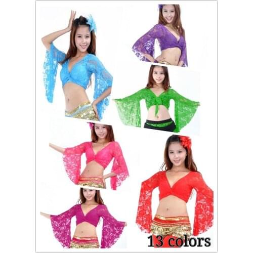 Belly Dance Clothes Tops Women Sexy Lace Top Front Cross Crop Halter Deep V Neck soft fabric Flare Sleeve Top 13 Colors