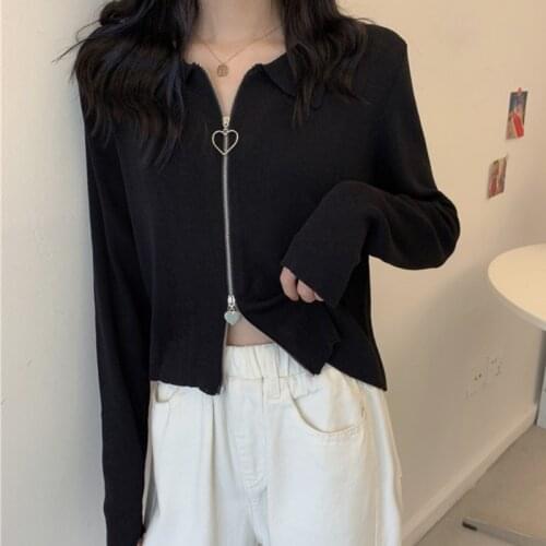 Womens Knitting Cardigan Heart Zipper Turn-down collar Long Sleeves Green Thin Tops Wholesale 2021 New Fashion Female Clothing