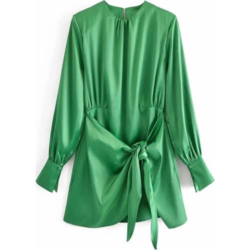 2021 Spring Women Satin A-Line Wrap Dress Elegant Ruched Knot Long Sleeve Woman Mini vestidos Fashion Casual evening Dresses