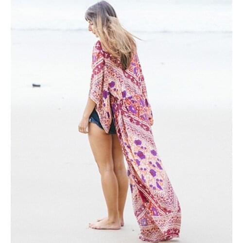 AYUALIN pink floral print chiffon kaftan swim cover up women robe loose summer caftan dress beach wear bikini kimono Cardigan