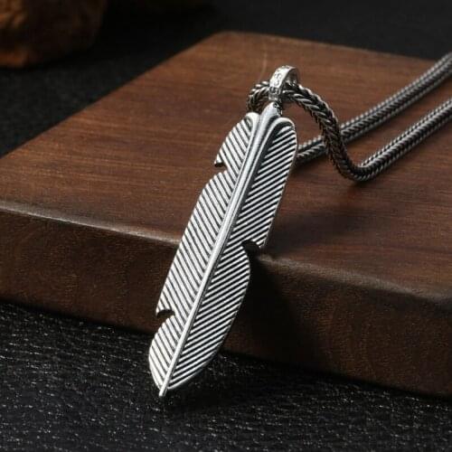 100% 925 Sterling Silver color Simple Feather Necklace Pendant Men Women Thai silver color Retro Pendant making DIY Jewelry