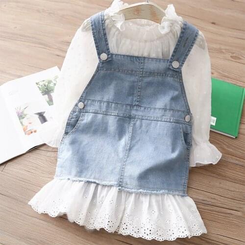 2021 Spring New Toddler Girls Vest Dresses Korean Lace Splicing Solid Denim Strap Dress for Girls Kids Clothing Baby Jeans Dress