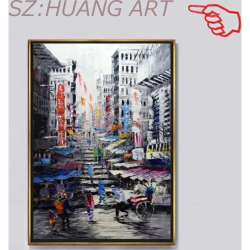 Free shipping High Quality abstract knife painting- Hong Kong street 100% hand painted on canvas no framed