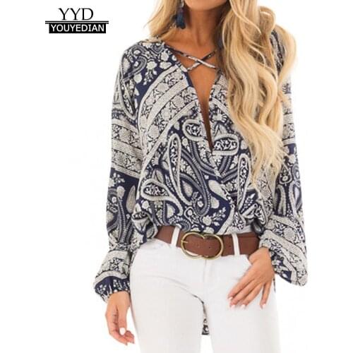 Spring Geometric Print Blouse Womens Chiffon V-Neck Long Sleeve Fashion Shirt Tops Women Blouses Clothes blusas para mujer 2020