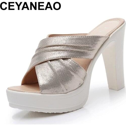 CEYANEAO 2021Summer Women Gladiator Shoes 10cm High Heels Slippers Open Toe Platform Sandals Gold Silver Black Slides 34-43