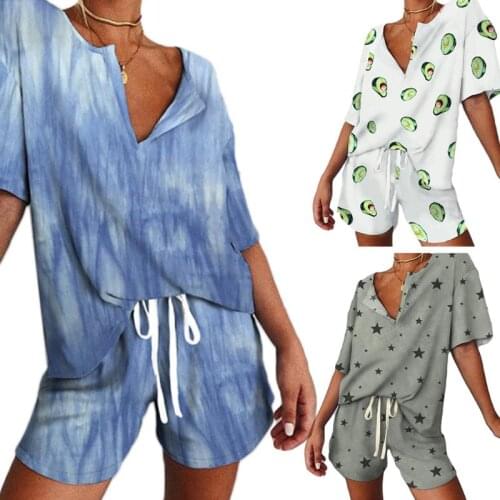 Women Summer 2 Pieces Pajamas Set Short Sleeve V-Neck Pullover Tops Drawstring Pants Cute Avocado Star Tie-Dye Home Sleepwear
