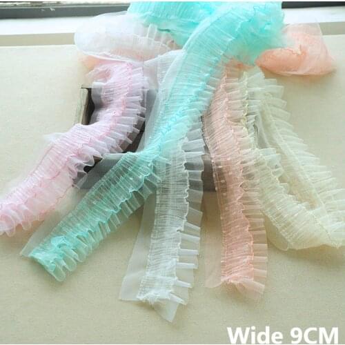 9CM Wide Double Layers Polka Dot Mesh Pleated Fabric Embroidered Lace Ribbon Collar Ruffle Trim Princess Dress DIY Sewing Decor