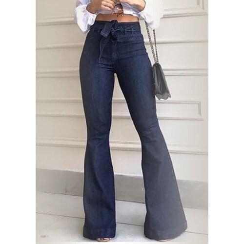 Women High Waist Sashes Denim Flare Pants Classic Stretch Wide Leg Trouser Plus Size Bell-Bottom Mom Boyfriend Jeans Streetwear
