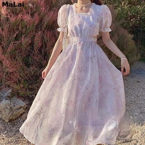 Elegant Floral Dress French Casual Fit Chic Summer Beach Party Fairy Dress Women Korean Lace Up Chiffon Princess Kawaii Dress