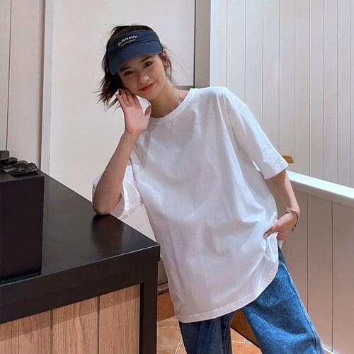 Summer New Daily Casual Basic T Shirt Women Oversized Solid 100% Cotton Soft O-Neck Female Tops Black White Gray