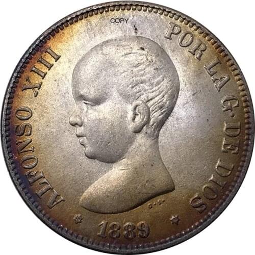 Spanish Coin 1889 MP M Spain 2 Pesetas - Alfonso XIII 1st Portrait Cupronickel Plated Silver Souvenir Gift Collectible Coins