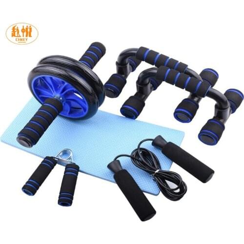 5items Home Gym Fitness Set Abdominal Roller Wheel Pack Kit Band Jump Rope Resistance Band Push Hand Bar Heavy Grip with Cushion