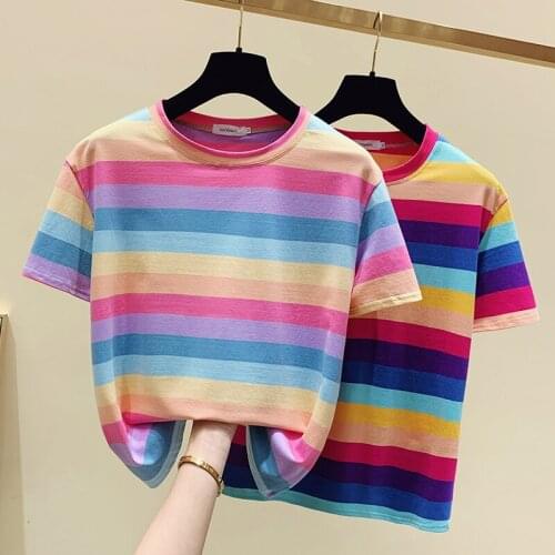 New O neck Short Sleeves rainbow stripe T Shirt Top Female Tshirt Loose Women Fashion Graphic T-Shirt women fashion tops