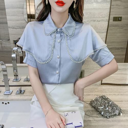New Summer Vintage White Shirt Large Lapel Female Tops Beaded Doll Collar Short Sleeve Clothing Plus Size Women Blouses Femme