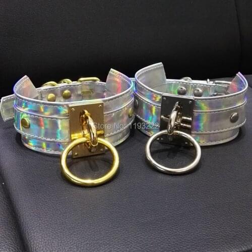 Punk Gothic 100% Handcrafted Chic Holographic Choker O Round Gold Metal Laser Collar BDSM Sub Slave Necklace