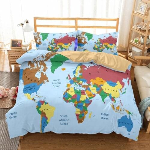 Fanaijia Cartoon World Map Bedding Set Luxury Duvet Cover with Pillowcase Set Single Size Bed Children Bed Linen