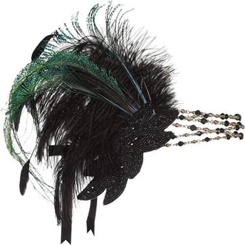 1920s Headpiece Feather Flapper Headband Great Gatsby Headdress Vintage feather+elastic band knitting Warmer Wrap Headwear