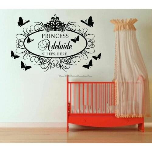 Princess Crown Butterfly Customizable Name Wall Sticker Kindergarten Girl Room Bedroom Decoration Vinyl Decal Gifts for Girls 14