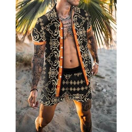 Luxury Black Fashion Hawaiian Print Short Sleeve Shirt Set Mens Beach Coconut Print Shorts Mens Daily Beach Shirt Set Two-piec