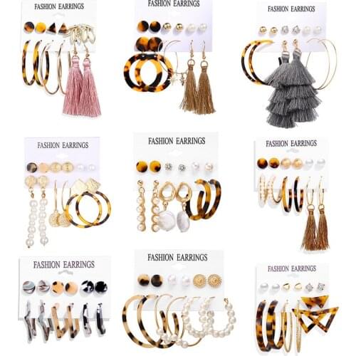 6-piece Earrings Vintage Tassel Acrylic Earrings for Women Bohemian Earrings Set Big Dangle Big Smooth Circle Earrings