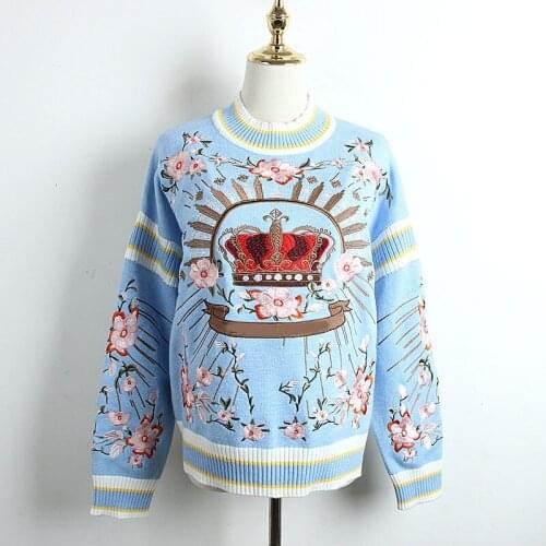2019 New Winter Clothes Women Sweater Embroidery Pullovers Autumn Retro Crown Plus Size O-neck Sweater