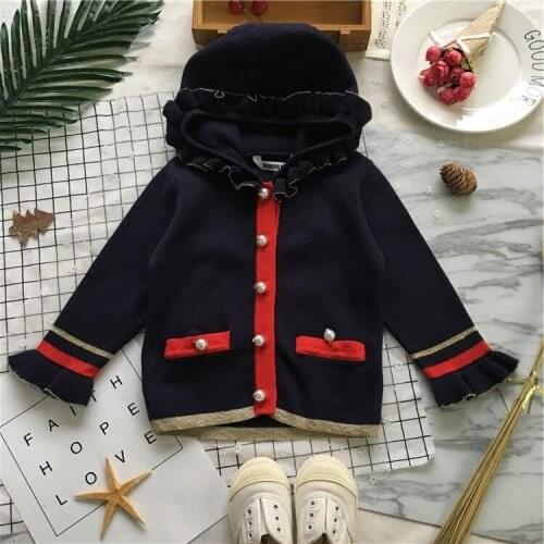 Tonytaobaby Spring and Autumn New Girls Knitted Cardigan Girls Pearl Button Hooded Girls Sweater