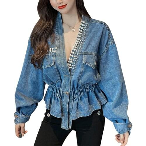 Women Denim Jacket Spring Long Sleeve V Neck Pearl Beaded Jean Jacket Fashion Short Slim Coat Streetwear Single-breasted Jackets