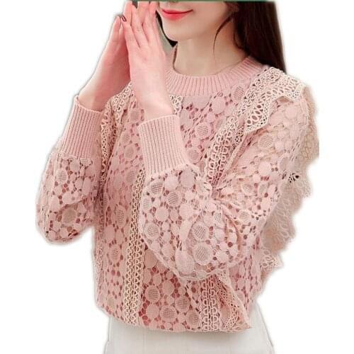 2019 New Spring Summer Women Lace Blouses Female O-Neck Short Long Sleeve Shirts Women Lace Casual Slim Blouses Hot Sale Q1175