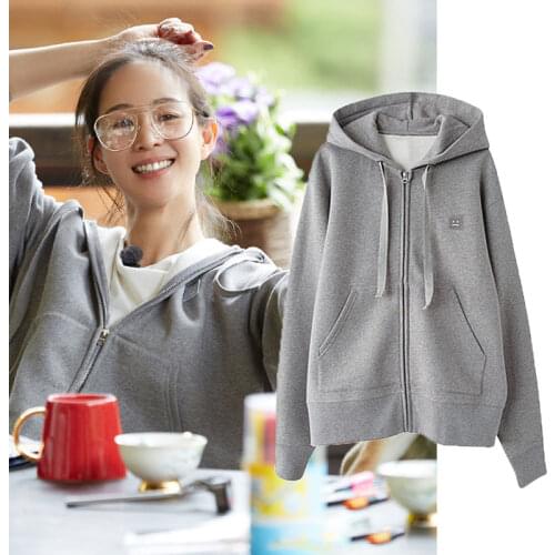 Embroidered Smiley Womens Hoodies Inside Plus Velvet Warm Ladies Long Sleeve Drawstring Loose Hooded Zipper Cardigan 2021