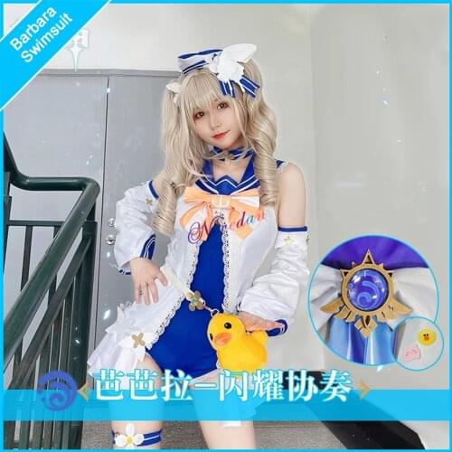 Genshin Impact Barbara Summer Cosplay Swimsuit Summertime Sparkle Barbara Cosplay Costume Anime Sexy Women Swimwear With Bag