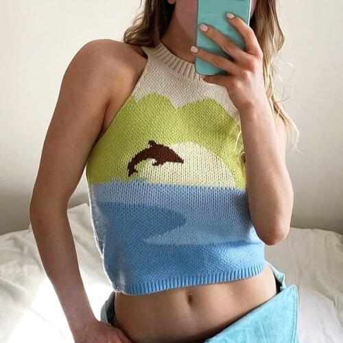 Women Fashion Contrast Color Knitted Vest Sexy Hollow Round Neck Exposed Navel Sleeveless Tops